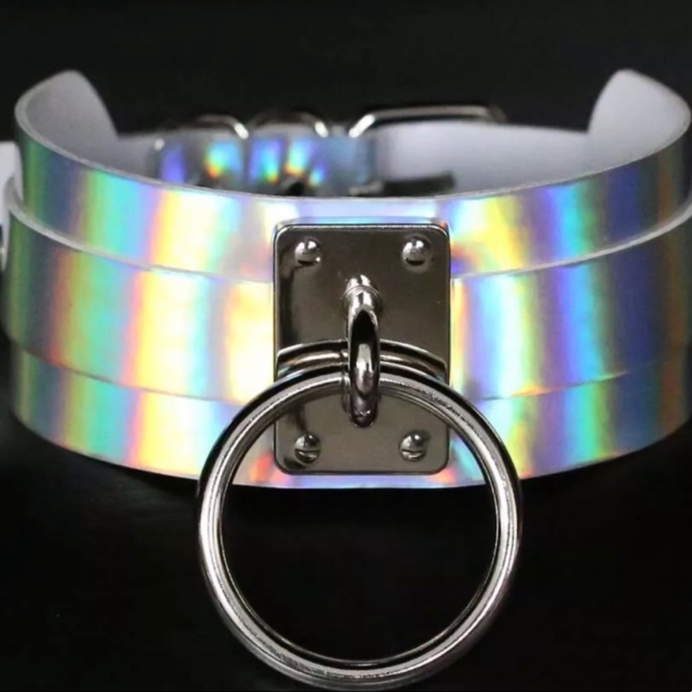 White metallic iridescent rainbow choker necklace bondage rave gothic dollbaby